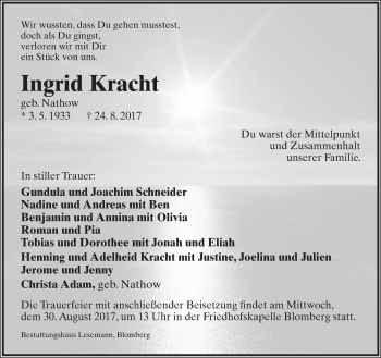 Anzeige  Ingrid Kracht  Lippische Landes-Zeitung