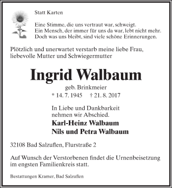 Anzeige  Ingrid Walbaum  Lippische Landes-Zeitung
