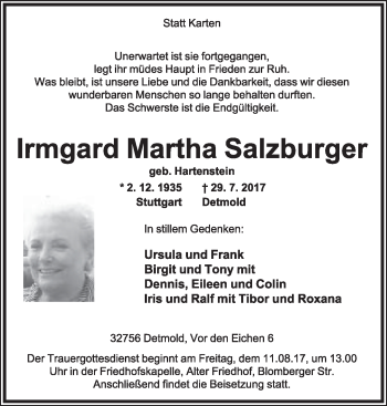 Anzeige  Irmgard Martha Salzburger  Lippische Landes-Zeitung
