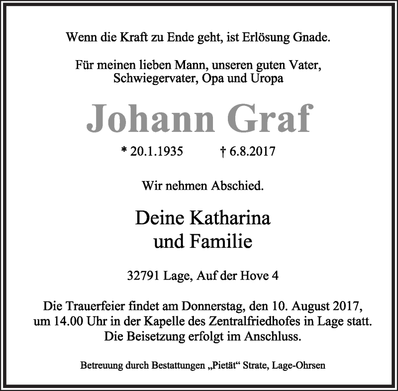  Traueranzeige für Johann Graf vom 09.08.2017 aus Lippische Landes-Zeitung