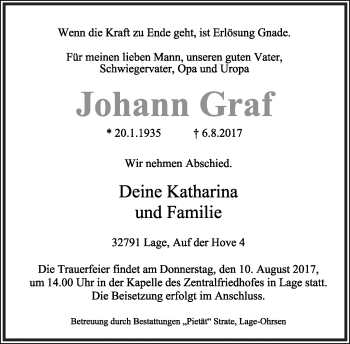 Anzeige  Johann Graf  Lippische Landes-Zeitung