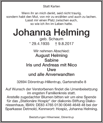 Anzeige  Johanna Helming  Lippische Landes-Zeitung