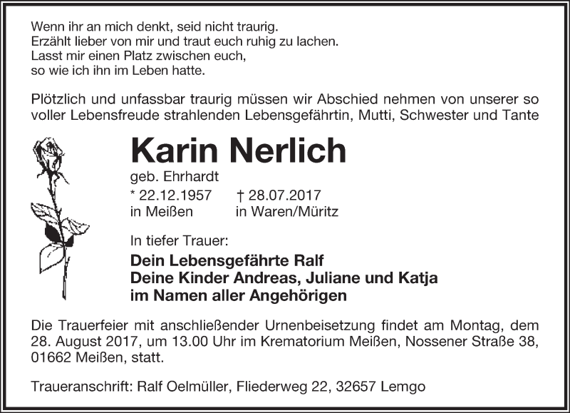  Traueranzeige für Karin Nerlich vom 12.08.2017 aus Lippische Landes-Zeitung