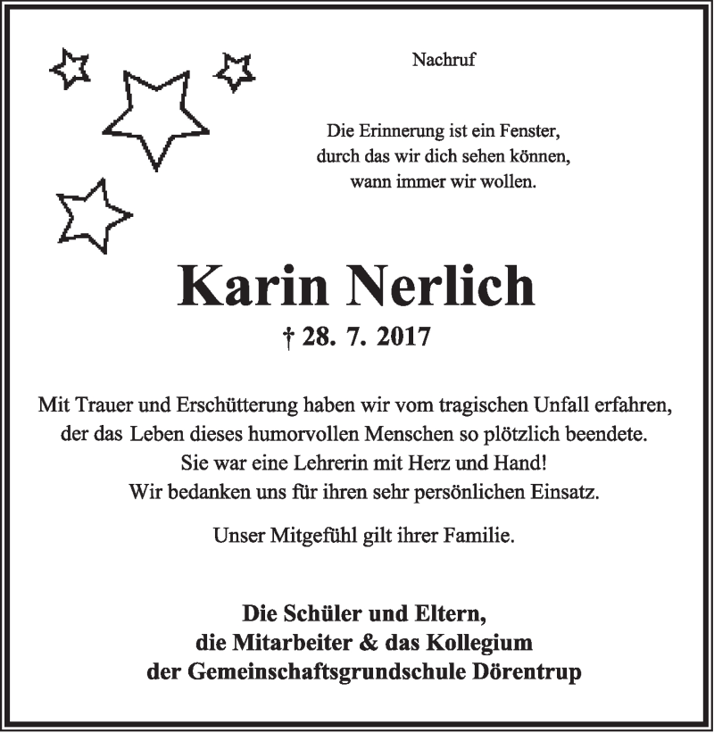  Traueranzeige für Karin Nerlich vom 26.08.2017 aus Lippische Landes-Zeitung