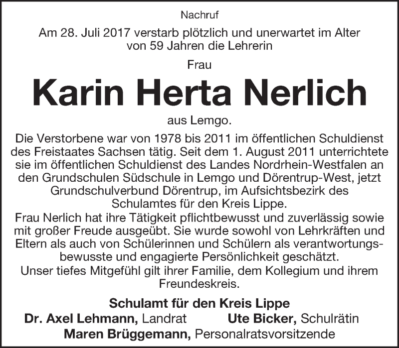  Traueranzeige für Karin Nerlich vom 19.08.2017 aus Lippische Landes-Zeitung