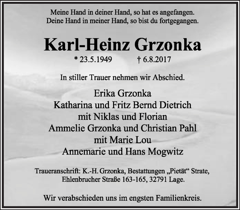  Traueranzeige für Karl-Heinz Grzonka vom 12.08.2017 aus Lippische Landes-Zeitung