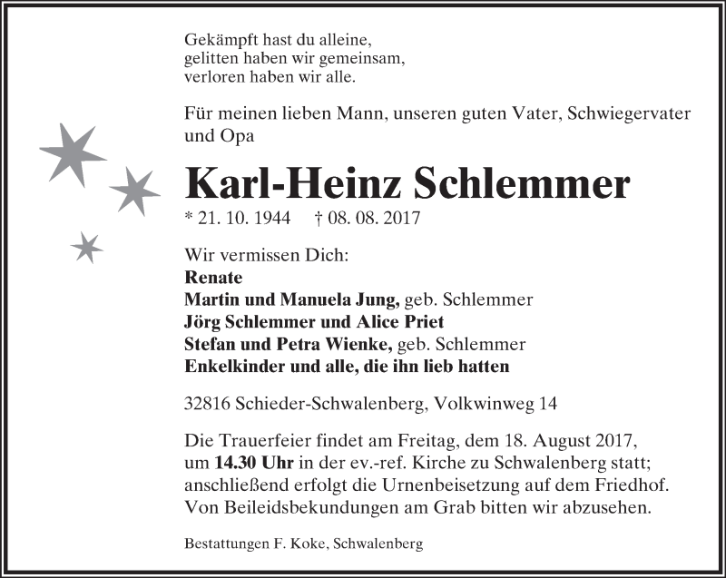  Traueranzeige für Karl-Heinz Schlemmer vom 12.08.2017 aus Lippische Landes-Zeitung