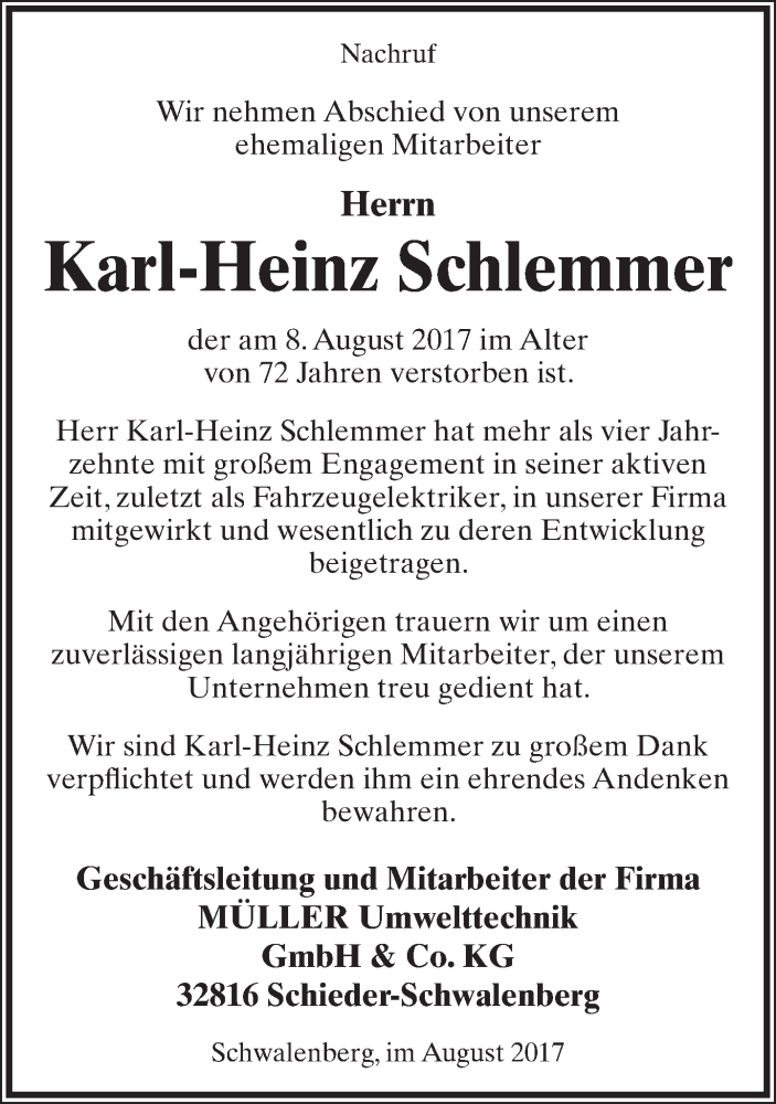  Traueranzeige für Karl-Heinz Schlemmer vom 12.08.2017 aus Lippische Landes-Zeitung