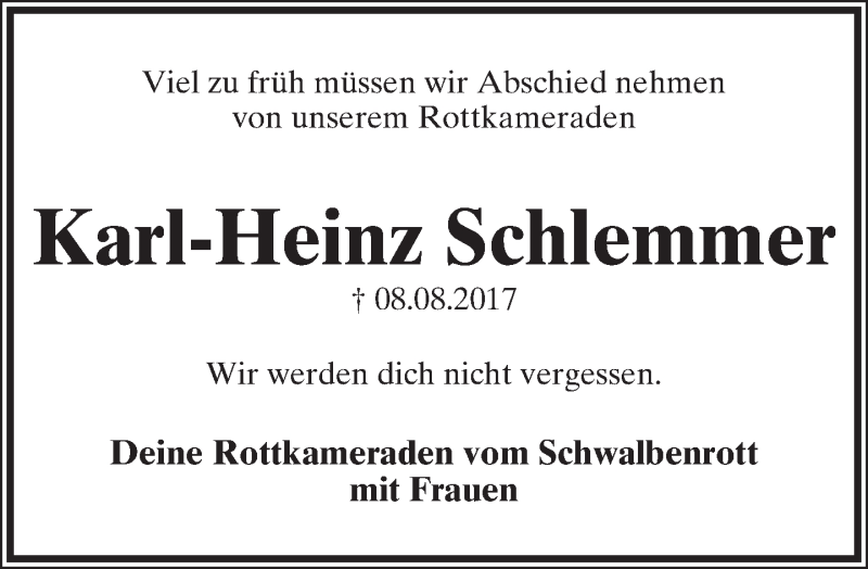  Traueranzeige für Karl-Heinz Schlemmer vom 12.08.2017 aus Lippische Landes-Zeitung