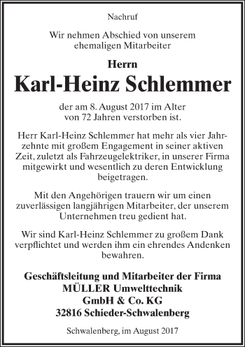 Anzeige  Karl-Heinz Schlemmer  Lippische Landes-Zeitung