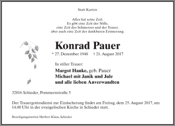 Anzeige  Konrad Pauer  Lippische Landes-Zeitung