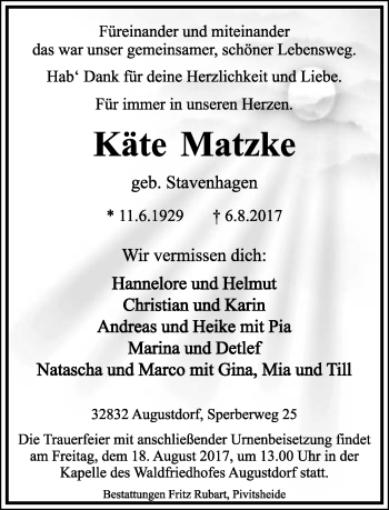 Anzeige  Käte Matzke  Lippische Landes-Zeitung