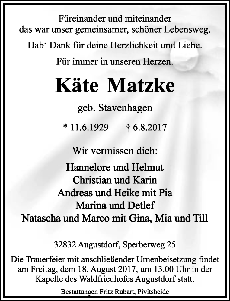  Traueranzeige für Käte Matzke vom 12.08.2017 aus Lippische Landes-Zeitung