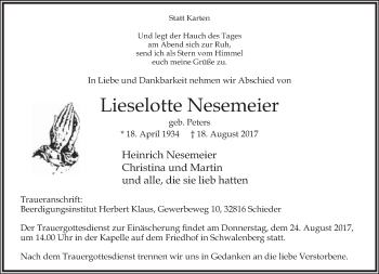 Anzeige  Lieselotte Nesemeier  Lippische Landes-Zeitung