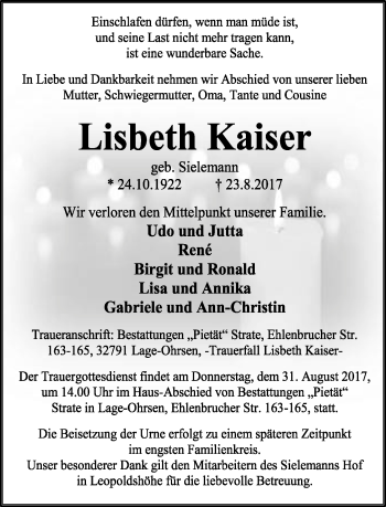 Anzeige  Lisbeth Kaiser  Lippische Landes-Zeitung