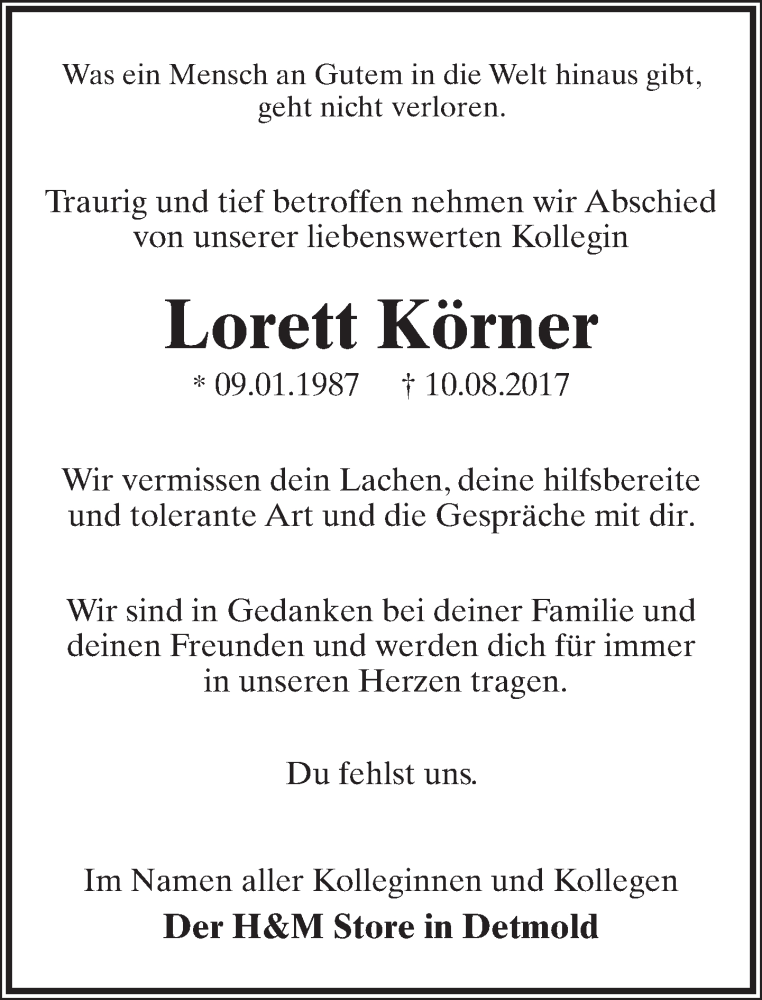  Traueranzeige für Lorett Körner vom 19.08.2017 aus Lippische Landes-Zeitung