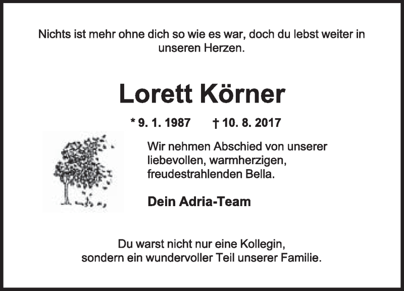  Traueranzeige für Lorett Körner vom 23.08.2017 aus Lippische Landes-Zeitung
