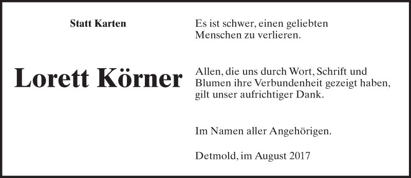  Traueranzeige für Lorett Körner vom 26.08.2017 aus Lippische Landes-Zeitung