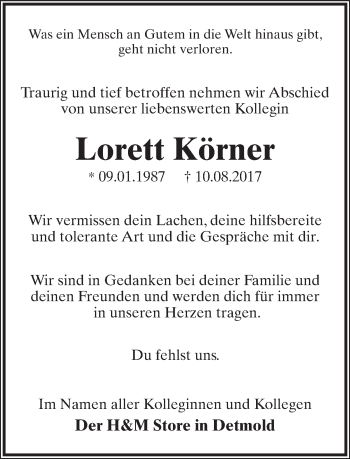 Anzeige  Lorett Körner  Lippische Landes-Zeitung
