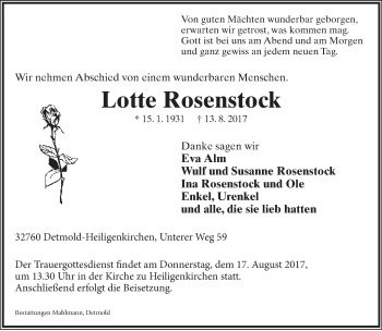 Anzeige  Lotte Rosenstock  Lippische Landes-Zeitung