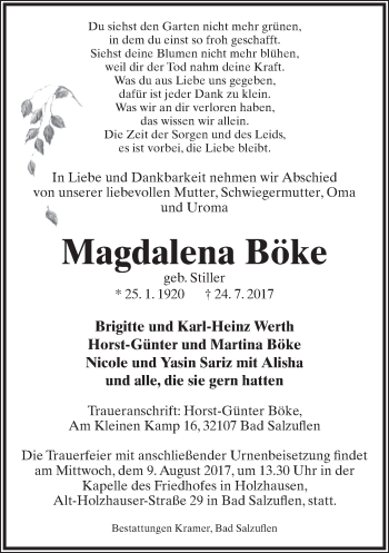 Anzeige  Magdalena Böke  Lippische Landes-Zeitung