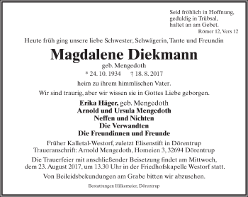 Anzeige  Magdalene Diekmann  Lippische Landes-Zeitung