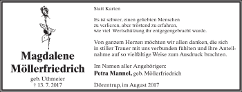 Anzeige  Magdalene Möllerfriedrich  Lippische Landes-Zeitung