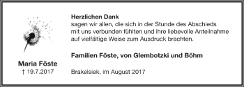 Anzeige  Maria Föste  Lippische Landes-Zeitung