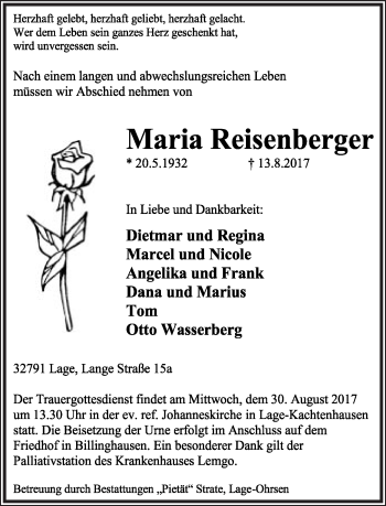 Anzeige  Maria Reisenberger  Lippische Landes-Zeitung