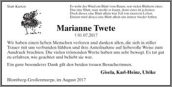Anzeige  Marianne Twete  Lippische Landes-Zeitung