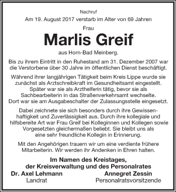 Anzeige  Marlis Greif  Lippische Landes-Zeitung