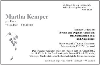 Anzeige  Martha Kemper  Lippische Landes-Zeitung