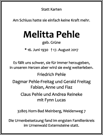 Anzeige  Melitta Pehle  Lippische Landes-Zeitung