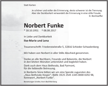 Anzeige  Norbert Funke  Lippische Landes-Zeitung