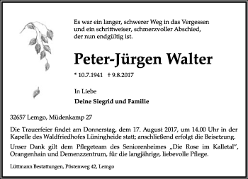 Anzeige  Peter-Jürgen Walter  Lippische Landes-Zeitung