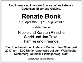 Anzeige  Renate Bonk  Lippische Landes-Zeitung