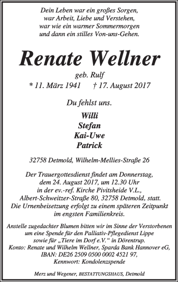 Anzeige  Renate Wellner  Lippische Landes-Zeitung