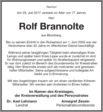 Anzeige  Rolf Brannolte  Lippische Landes-Zeitung