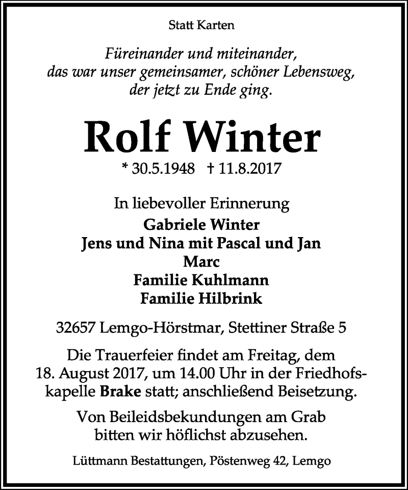  Traueranzeige für Rolf Winter vom 14.08.2017 aus Lippische Landes-Zeitung