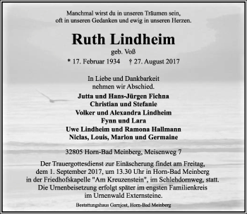 Anzeige  Ruth Lindheim  Lippische Landes-Zeitung