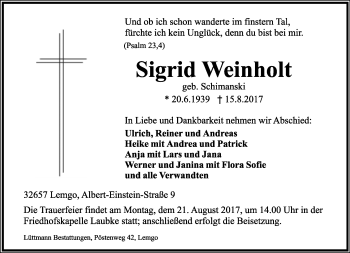 Anzeige  Sigrid Weinholt  Lippische Landes-Zeitung