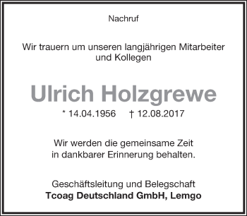 Anzeige  Ulrich Holzgrewe  Lippische Landes-Zeitung
