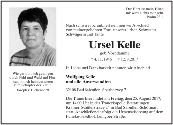 Anzeige  Ursel Kelle  Lippische Landes-Zeitung