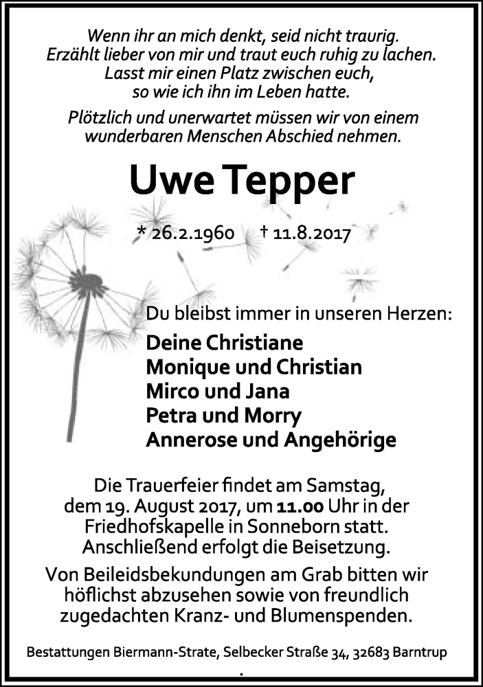  Traueranzeige für Uwe Tepper vom 17.08.2017 aus Lippische Landes-Zeitung