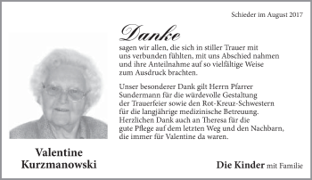 Anzeige  Valentine Kurzmanowski  Lippische Landes-Zeitung