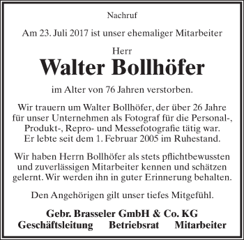 Anzeige  Walter Bollhöfer  Lippische Landes-Zeitung