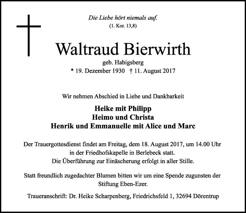  Traueranzeige für Waltraud Bierwirth vom 15.08.2017 aus Lippische Landes-Zeitung