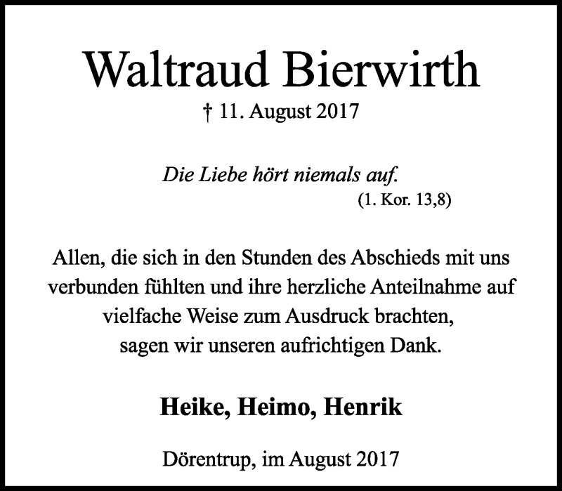  Traueranzeige für Waltraud Bierwirth vom 26.08.2017 aus Lippische Landes-Zeitung
