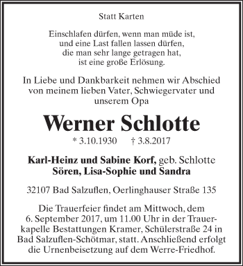 Anzeige  Werner Schlotte  Lippische Landes-Zeitung