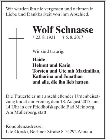 Anzeige  Wolf Schnasse  Lippische Landes-Zeitung
